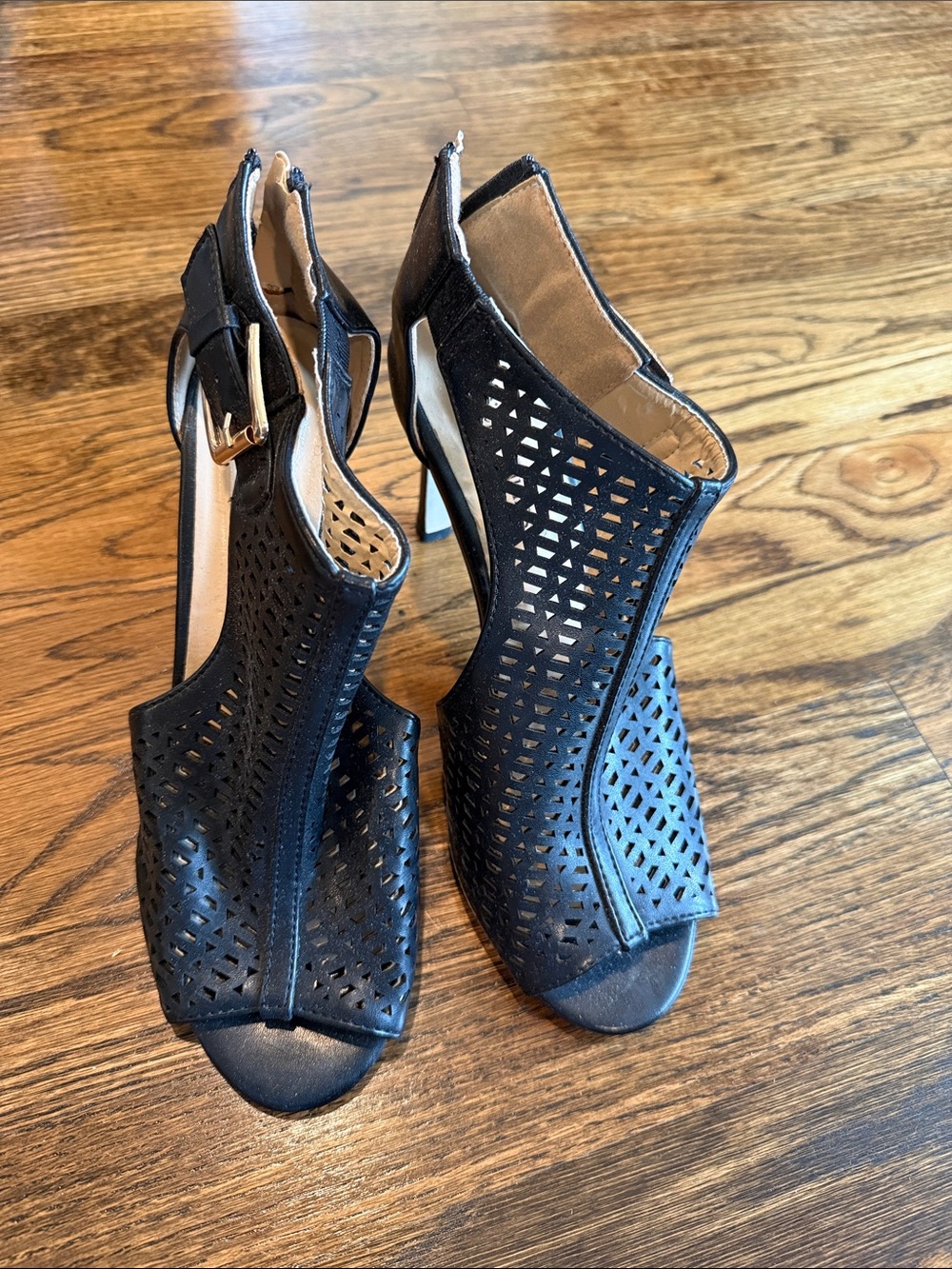 Pierre Dumas Black Laser-Cut Peep-Toe High Heels